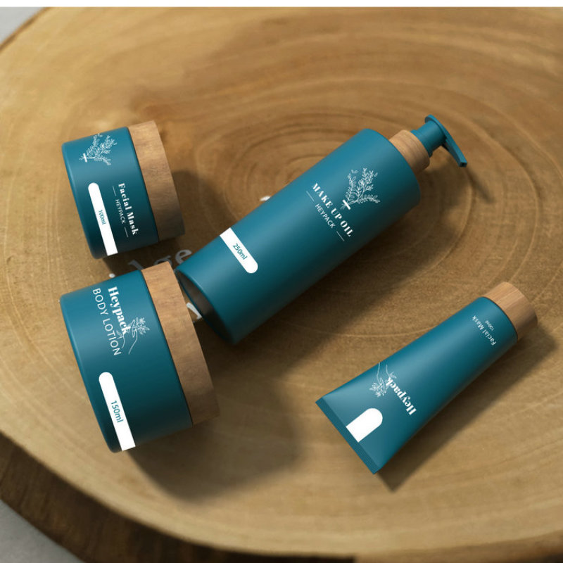 matte surface PET shampoo bottle with water transfer wooden pump